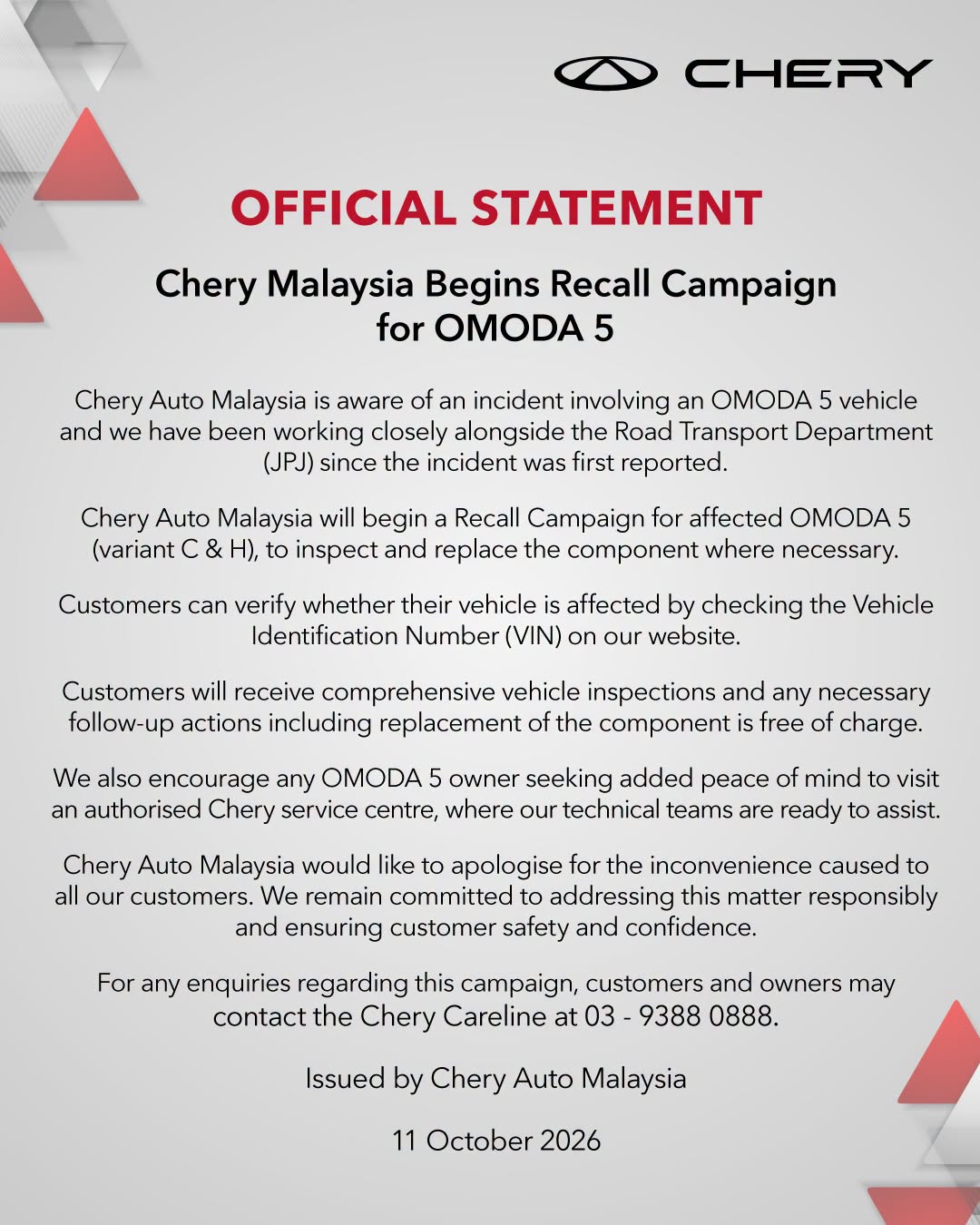 Chery Malaysia official OMODA 5 recall announcement