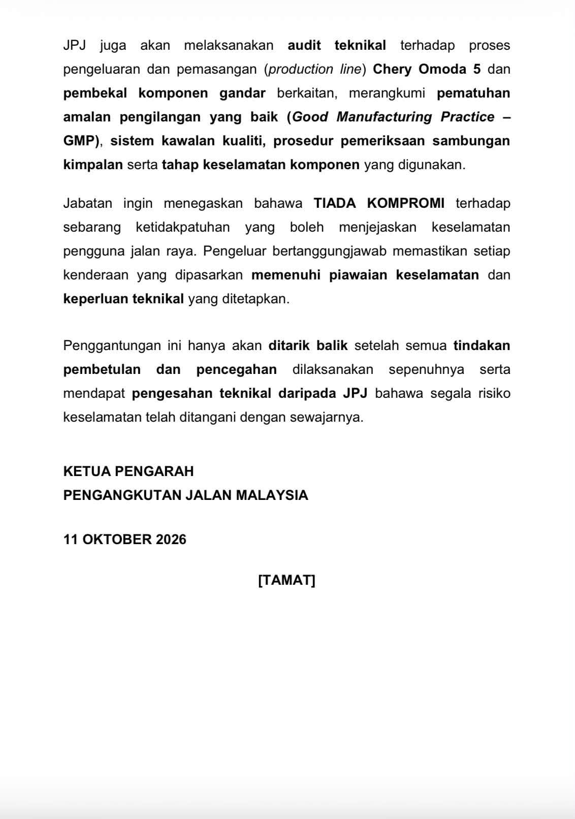 Second page of JPJ statement on the Chery OMODA 5 investigation