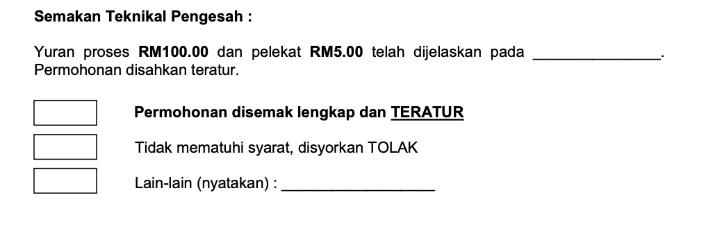 MPS document specifying RM100 processing and RM5 permit sticker charges